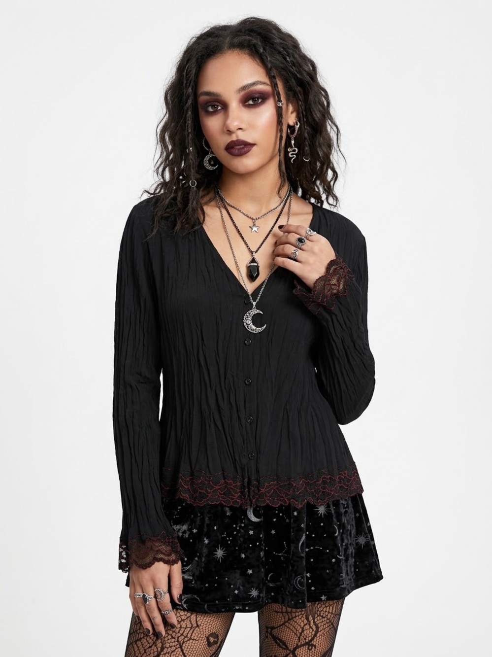Vintage Carole Little Black Crinkle Lace Trim Cardigan Top  - Size 12